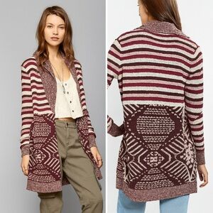 Ecote Aztec Western Purple Burgundy Striped Long Line Open Cardigan Sweater M